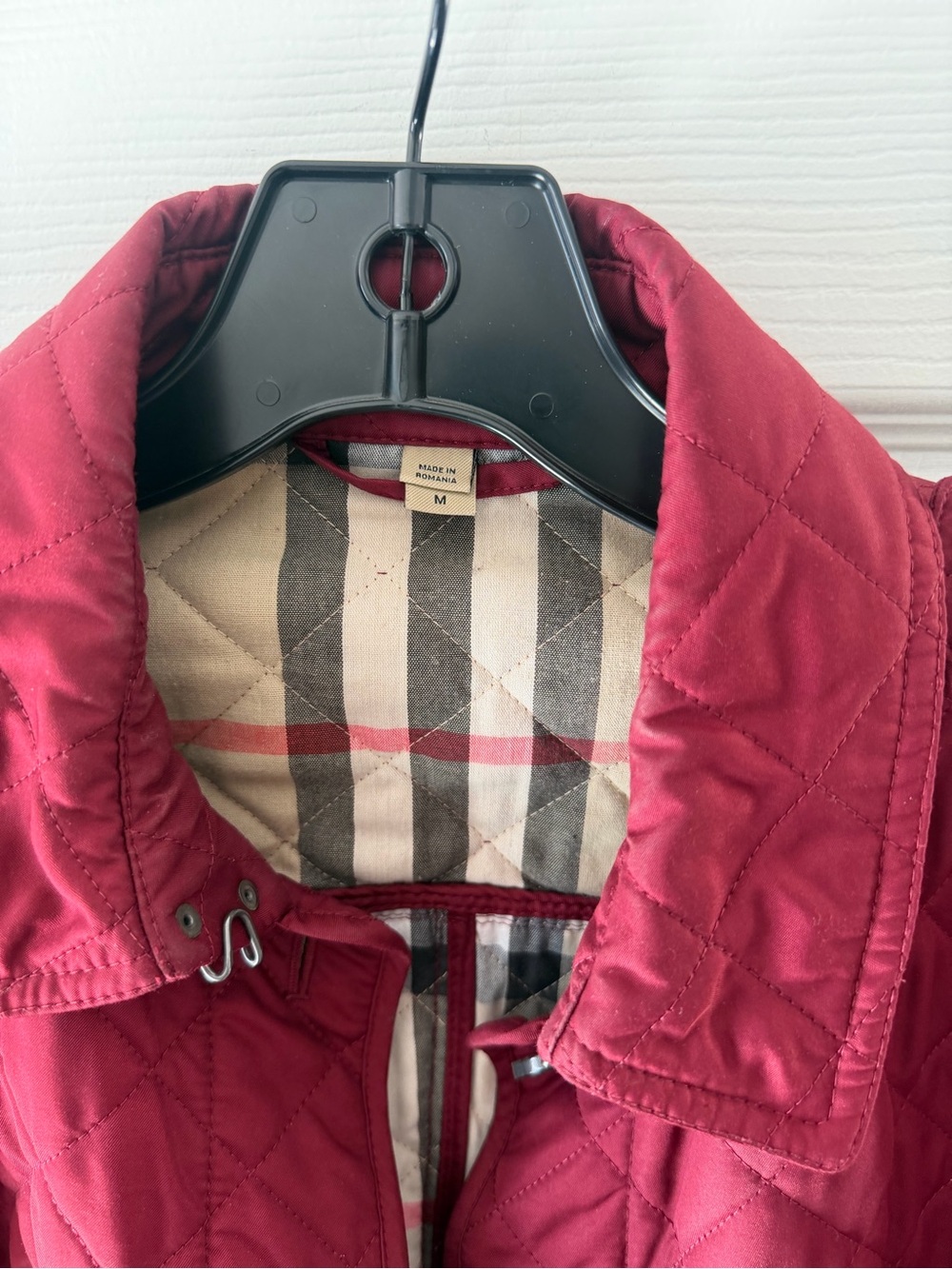 Burberry Quilted Burgundy Red women's Puffer Jacket with Check Trim - Picture 13 of 13